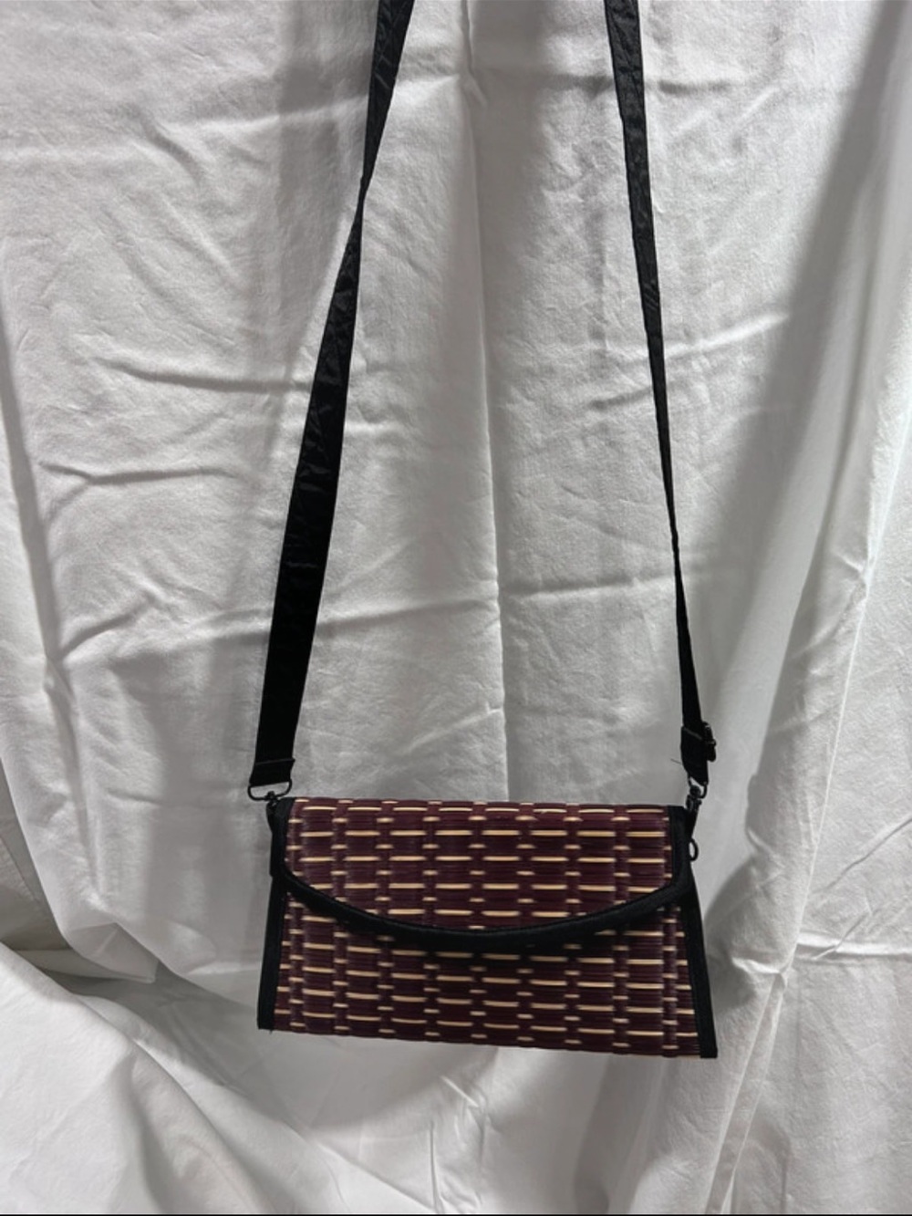 Baskets of Cambodia Woven Pattern Crossbody Bag in Black and Tan